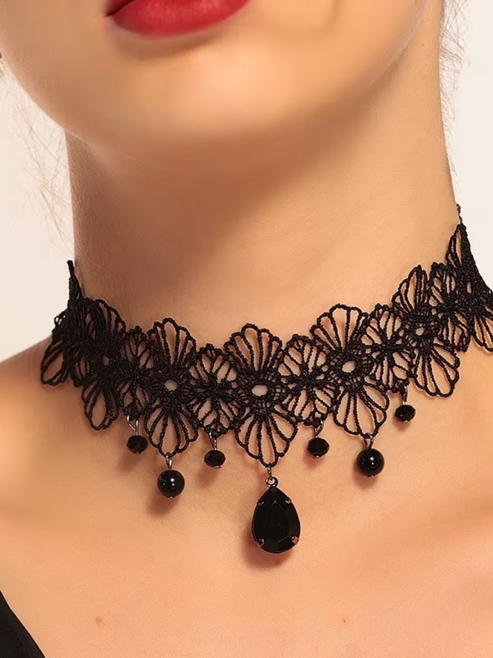 Black Lace Floral Choker Necklace with Black Teardrop Pendant